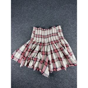 Koch Short M Plaid Red Cream Smocked Waist Flare Mini Schoolgirl Academia